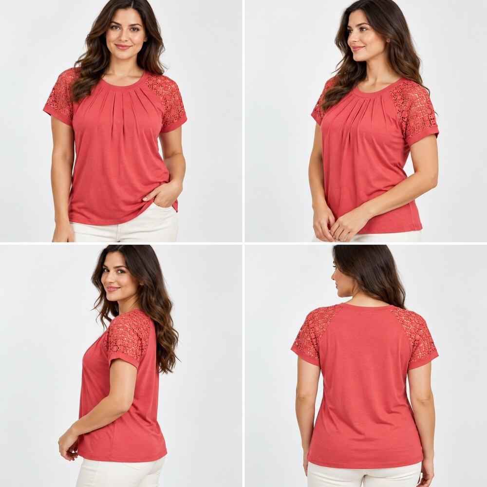 Automet Top Women’s XL Coral Pink Lace Shoulder Short Sleeve Blouse